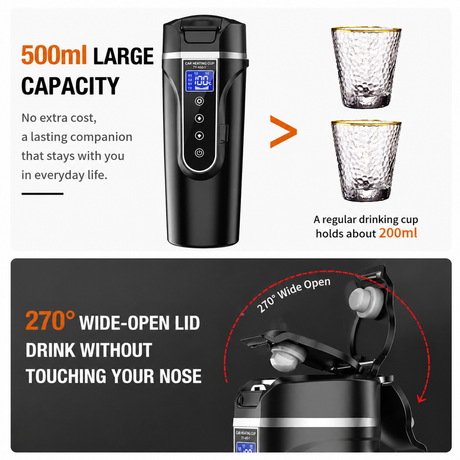 500ML White Large Stainless Steel Car Electric Heated Travel Mug - 12V & 24V Vehicle Smart Insluted Cup with 100℃ Control, 270° Flip Lid, LCD Touch Display and Leak Resistant Design
