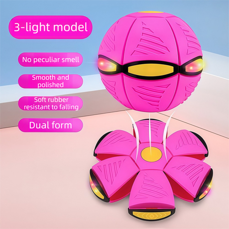 Pink LED Transforming Flying Disc Ball Toy with Music & 3 Light - Soft EVA Bounce Ball and Frisbee Shape Switchable Outdoor Interactive Soccer Toy for Exercise and Fun