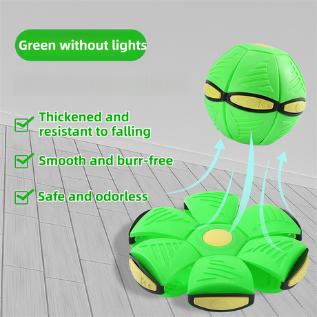 Green LED Transforming Flying Disc Ball Toy with Music & No Light - Soft EVA Bounce Ball and Frisbee Shape Switchable Outdoor Interactive Soccer Toy for Exercise and Fun