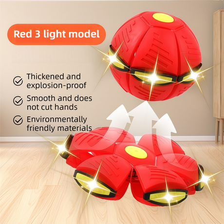 Red LED Transforming Flying Disc Ball Toy with Music & 3 Light - Soft EVA Bounce Ball and Frisbee Shape Switchable Outdoor Interactive Soccer Toy for Exercise and Fun