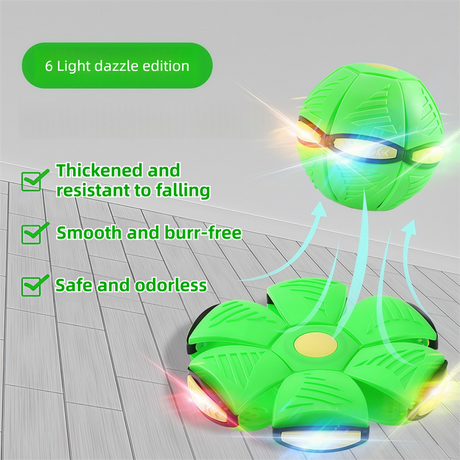Green LED Transforming Flying Disc Ball Toy with Music & 6 Light - Soft EVA Bounce Ball and Frisbee Shape Switchable Outdoor Interactive Soccer Toy for Exercise and Fun