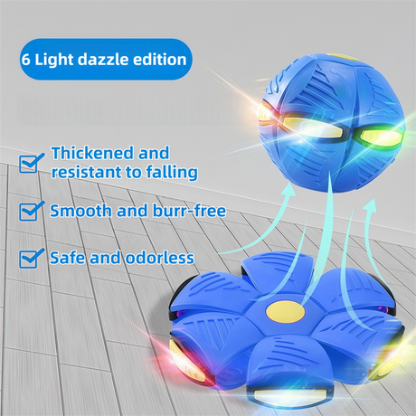 Blue LED Transforming Flying Disc Ball Toy with Music & 6 Light - Soft EVA Bounce Ball and Frisbee Shape Switchable Outdoor Interactive Soccer Toy for Exercise and Fun