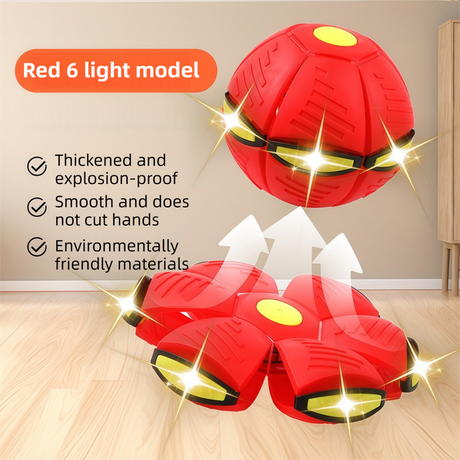 Red LED Transforming Flying Disc Ball Toy with Music & 6 Light - Soft EVA Bounce Ball and Frisbee Shape Switchable Outdoor Interactive Soccer Toy for Exercise and Fun