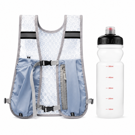 Blue Lightweight Running Hydration Vest Backpack + 500ML Water Bottle - Breathable Mesh Reflective Sports Pack with 4 Straps, Cup / Phone Holder and Back Zipper Pocket for Marathon Hiking Cycling Trail Running