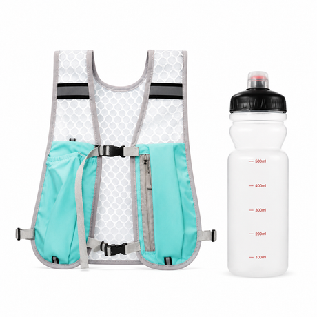 Cyan Lightweight Running Hydration Vest Backpack + 500ML Water Bottle - Breathable Mesh Reflective Sports Pack with 4 Straps, Cup / Phone Holder and Back Zipper Pocket for Marathon Hiking Cycling Trail Running