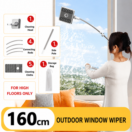 Lightweight Interior & Exterior Window Cleaner with 160CM Extendable Aluminium Pole & 5 Cleaning Pad - 2-in-1 360° Rotating Microfibre Scrubber and Squeegee for Most Household High Rise Windows