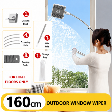 Lightweight Interior & Exterior Window Cleaner with 160CM Extendable Aluminium Pole & 8 Cleaning Pad - 2-in-1 360° Rotating Microfibre Scrubber and Squeegee for Most Household High Rise Windows