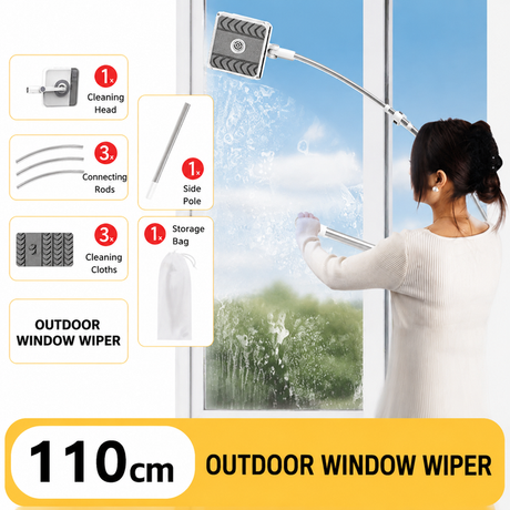 Lightweight Interior & Exterior Window Cleaner with 110cm Extendable Aluminium Pole & 3 Cleaning Pad - 2-in-1 360° Rotating Microfibre Scrubber and Squeegee for Most Household High Rise Windows