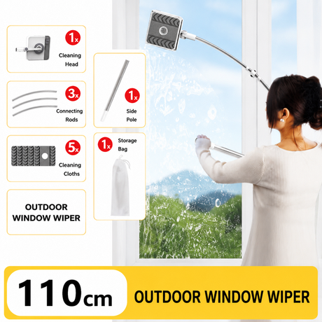 Lightweight Interior & Exterior Window Cleaner with 110cm Extendable Aluminium Pole & 5 Cleaning Pad - 2-in-1 360° Rotating Microfibre Scrubber and Squeegee for Most Household High Rise Windows