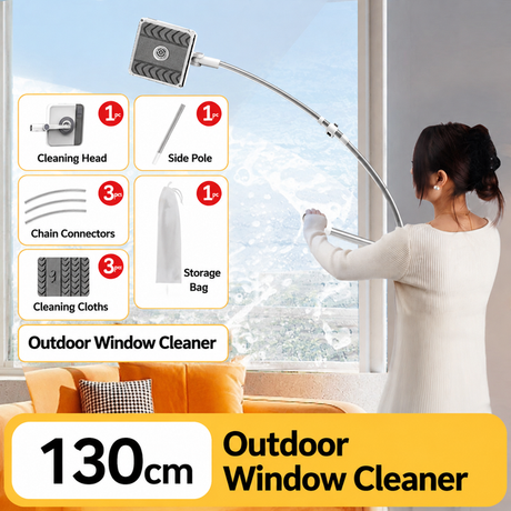 Lightweight Interior & Exterior Window Cleaner with 130CM Extendable Aluminium Pole & 3 Cleaning Pad - 2-in-1 360° Rotating Microfibre Scrubber and Squeegee for Most Household High Rise Windows