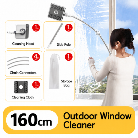 Lightweight Interior & Exterior Window Cleaner with 160CM Extendable Aluminium Pole & Cleaning Pad - 2-in-1 360° Rotating Microfibre Scrubber and Squeegee for Most Household High Rise Windows
