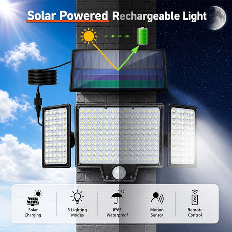 210 LED Outdoor Wall Light Integrated Solar Panel and 3 Sensor Modes (2 Pack), 3 Head Adjustable LED Security Light, IP65 All Weather Waterproof Remote Control Garden Lamp