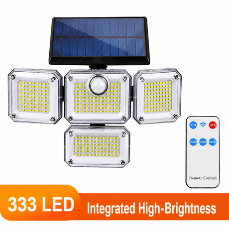 333 LED Outdoor Wall Light Integrated Solar Panel and 3 Sensor Modes (2 Pack), 4 Head Adjustable LED Security Light, IP65 All Weather Waterproof Remote Control Garden Lamp