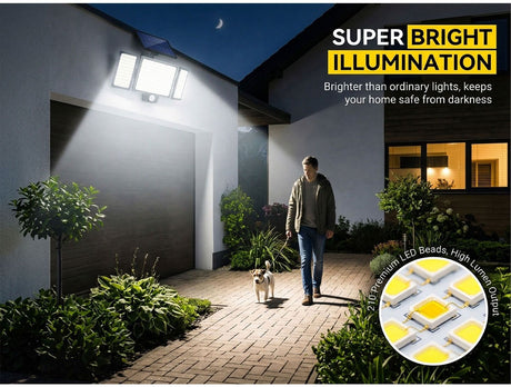 333 LED Outdoor Wall Light Integrated Solar Panel and 3 Sensor Modes (2 Pack), 4 Head Adjustable LED Security Light, IP65 All Weather Waterproof Remote Control Garden Lamp