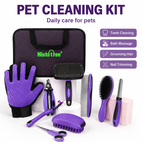 Pet Grooming & Cleaning Kit 9 Piece Set with Shedding Brush, Steel Comb + Scissors, Nail Clippers + File, Bath Brush + Massage Glove, 3 Head Toothbrush and Storage Bag for Dog & Cat