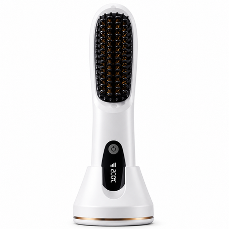White 4D Straight Hair Comb and Negative Ionic Styler with Dual MCH Ceramic Fast Heating, Anti-Scald Round Comb Teeth, 3 Levels Temp LCD Display and Charging Dock