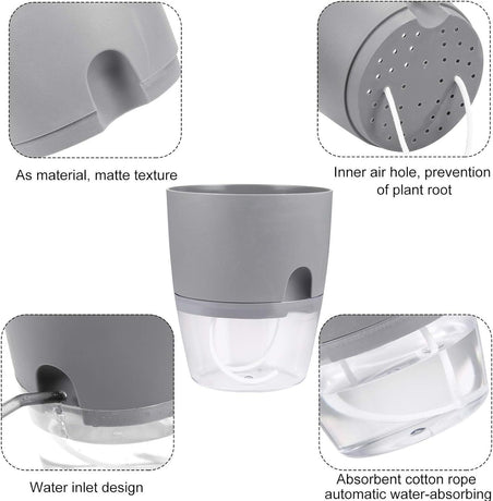 3 Pack Grey Indoor Self Watering Planter Pot - 6 Inch Double Layer Rempvable Plastic Flower Pot with Extra Large Water Storage and Cotton Rope for All House Plants, Flowers, Herbs