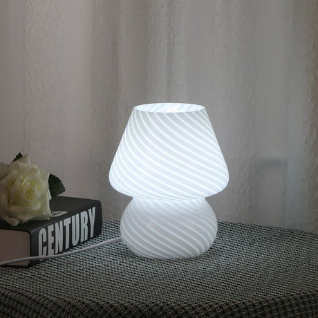 White Striped Retro All Glass Mushroom Table Lamp - American Style Creative Bedside Nightstand Ambient Light, AU Plug with 3-Color Switching