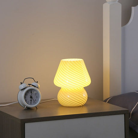 Yellow Striped Retro All Glass Mushroom Table Lamp - American Style Creative Bedside Nightstand Ambient Light, USB Plug with 3-Color Switching and Brightness Dimmable