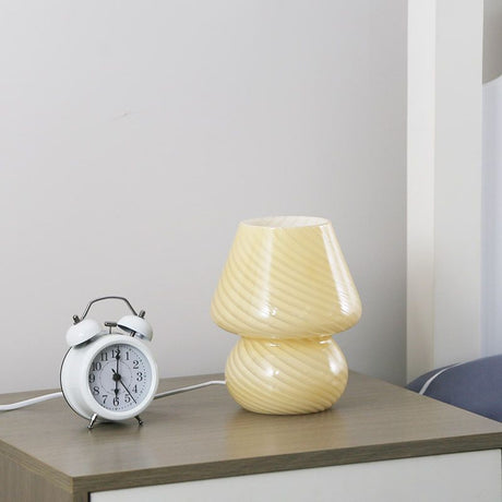 Yellow Striped Retro All Glass Mushroom Table Lamp - American Style Creative Bedside Nightstand Ambient Light, USB Plug with 3-Color Switching and Brightness Dimmable