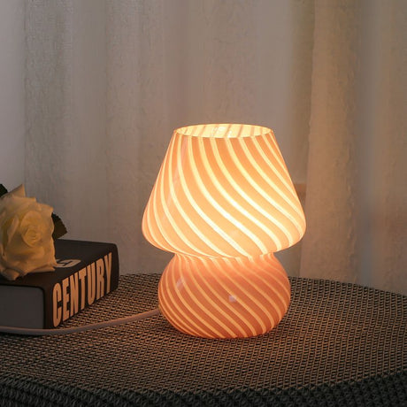 Pink Striped Retro All Glass Mushroom Table Lamp (2 Pack) - American Style Creative Bedside Nightstand Ambient Light, AU Plug with 3-Color Switching