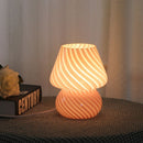Pink Striped Retro All Glass Mushroom Table Lamp - American Style Creative Bedside Nightstand Ambient Light, USB Plug with 3-Color Switching and Brightness Dimmable
