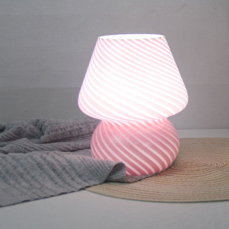 Pink Striped Retro All Glass Mushroom Table Lamp (2 Pack) - American Style Creative Bedside Nightstand Ambient Light, USB Plug with 3-Color Switching and Brightness Dimmable