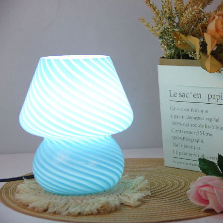 Blue Striped Retro All Glass Mushroom Table Lamp - American Style Creative Bedside Nightstand Ambient Light, AU Plug with 3-Color Switching