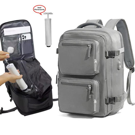 Grey 35L Vacuum Compression Travel Backpack with Manual Air Pump, Shoe Zone and 15.6