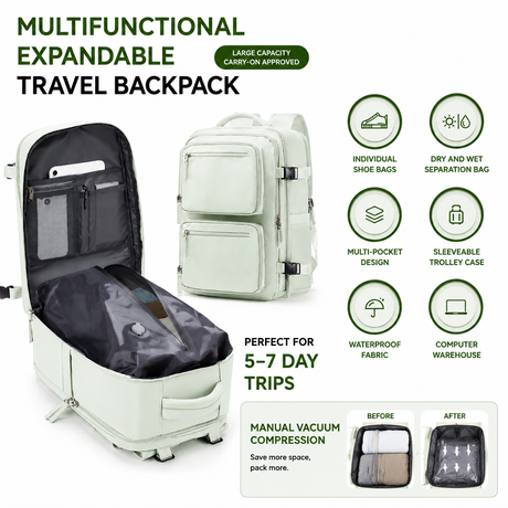 Grey 35L Vacuum Compression Travel Backpack with Manual Air Pump, Shoe Zone and 15.6