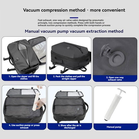 Grey 35L Vacuum Compression Travel Backpack with Manual Air Pump, Shoe Zone and 15.6