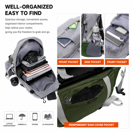 40L Red Lightweight Outdoor Hiking Backpack with Detachable Suspended Frame & Rain Cover - Waterproof Travel Daypack, Multi-Pocket Storage and Gear Attachments for Trekking Camping Cycling Adventures