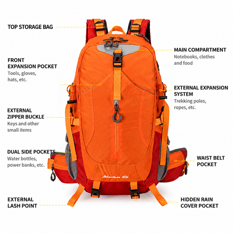 40L Red Lightweight Outdoor Hiking Backpack with Detachable Suspended Frame & Rain Cover - Waterproof Travel Daypack, Multi-Pocket Storage and Gear Attachments for Trekking Camping Cycling Adventures