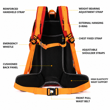 40L Red Lightweight Outdoor Hiking Backpack with Detachable Suspended Frame & Rain Cover - Waterproof Travel Daypack, Multi-Pocket Storage and Gear Attachments for Trekking Camping Cycling Adventures