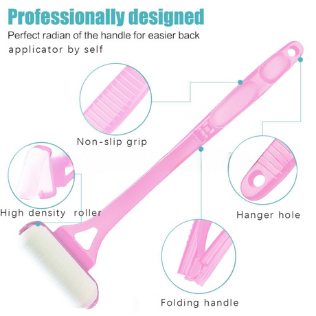 Black Foldable Long-Handle Back Lotion Applicator with Sponge Roller Head for Sunscreen, Body Lotion and Shaving Foam