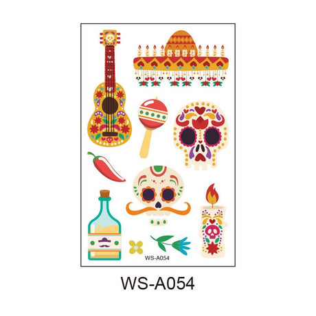 10 Pack Day of the Dead Halloween Temporary Tattoos - Mexican Fiesta Party Body Sticker Props, Style 4