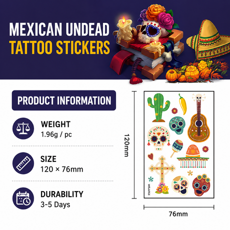 10 Pack Day of the Dead Halloween Temporary Tattoos - Mexican Fiesta Party Body Sticker Props, Style 5