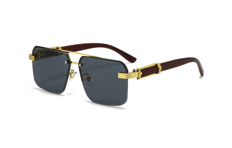 Square Rimless Diamond Cut Sunglasses with Black PU Leather Storage Case - Gold Frame Wood Grain Grey Sunscreen Glasses for Men & Women