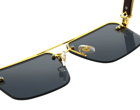 Square Rimless Diamond Cut Sunglasses with Black PU Leather Storage Case - Gold Frame Wood Grain White Sunscreen Glasses for Men & Women