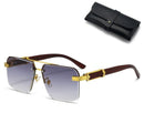 Square Rimless Diamond Cut Sunglasses with Black PU Leather Storage Case - Gold Frame Wood Grain White Sunscreen Glasses for Men & Women