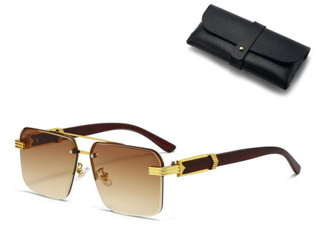 Square Rimless Diamond Cut Sunglasses with Black PU Leather Storage Case - Gold Frame Wood Grain White Sunscreen Glasses for Men & Women