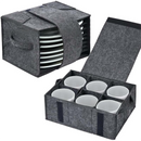 2 Piece Set of Grey Foldable Crockery & Mug Storage Organizer (Holds 8 Plates + 6 Mugs) - Felt Camping & Picnic Dinnerware Storage Box with Handle and Secure Closure