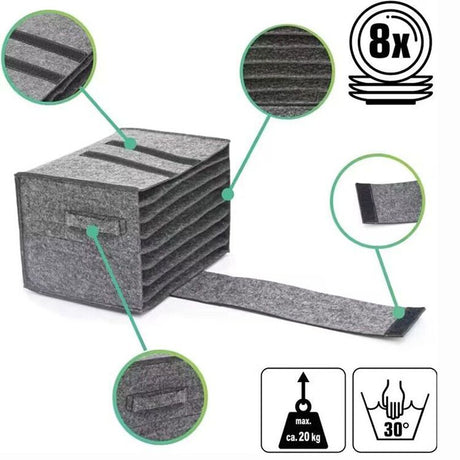2 Piece Set of Grey Foldable Crockery & Mug Storage Organizer (Holds 8 Plates + 6 Mugs) - Felt Camping & Picnic Dinnerware Storage Box with Handle and Secure Closure