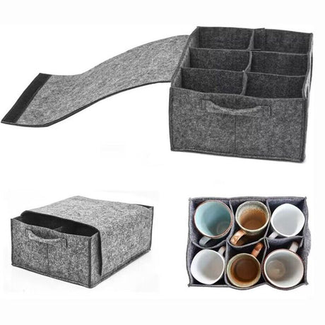 2 Piece Set of Grey Foldable Crockery & Mug Storage Organizer (Holds 8 Plates + 6 Mugs) - Felt Camping & Picnic Dinnerware Storage Box with Handle and Secure Closure