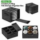 2 Piece Set of Dark Grey Foldable Crockery & Mug Storage Organizer (Holds 8 Plates + 6 Mugs) - Felt Camping & Picnic Dinnerware Storage Box with Handle and Secure Closure