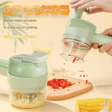 Green Multifunctional Electric Handheld Food Processor - ABS and PP with 201 Stainless Steel Blade - Rechargeable Vegetable Chopper Slicer Garlic Mincer with Cleaning Brush for Kitchen Prep