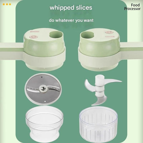 Green Multifunctional Electric Handheld Food Processor - ABS and PP with 201 Stainless Steel Blade - Rechargeable Vegetable Chopper Slicer Garlic Mincer with Cleaning Brush for Kitchen Prep