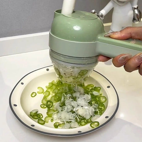 Green Multifunctional Electric Handheld Food Processor - ABS and PP with 201 Stainless Steel Blade - Rechargeable Vegetable Chopper Slicer Garlic Mincer with Cleaning Brush for Kitchen Prep