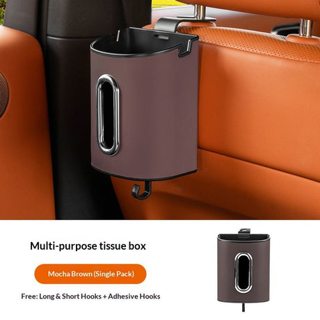 Brown Multifunctional Car Seat Back Tissue Box - ABS and Faux Leather - Phone Holder, Cup Holder, Storage Bin,  Universal Fit for Most Vehicles