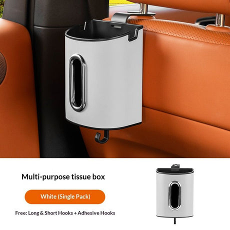 White Multifunctional Car Seat Back Tissue Box - ABS and Faux Leather - Phone Holder, Cup Holder, Storage Bin,  Universal Fit for Most Vehicles